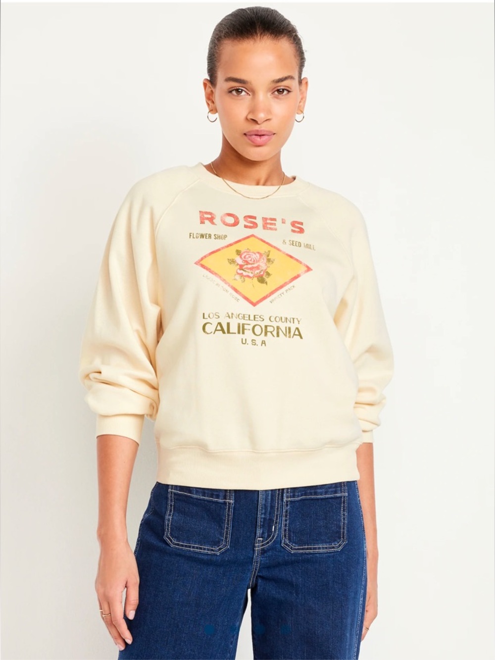 Old Navy Pale Yellow Rose Graphic Crewneck Sweatshirt